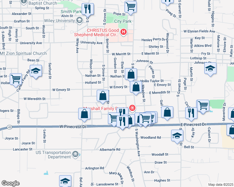 map of restaurants, bars, coffee shops, grocery stores, and more near 209 West Meredith Street in Marshall