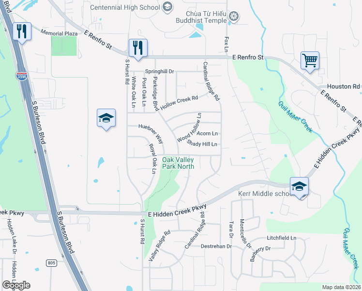 map of restaurants, bars, coffee shops, grocery stores, and more near 701 Parkridge Boulevard in Burleson