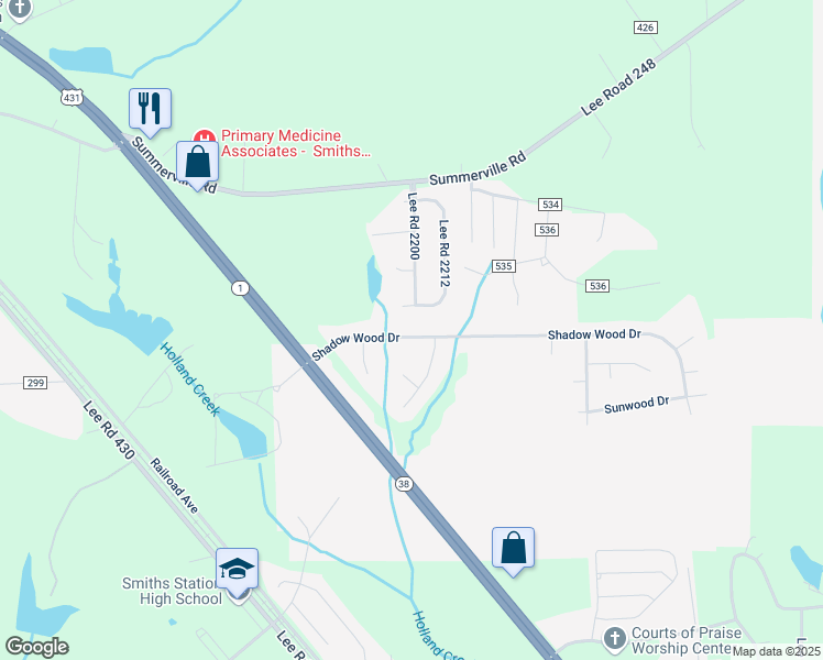 map of restaurants, bars, coffee shops, grocery stores, and more near 231 Lee Road 980 in Smiths Station
