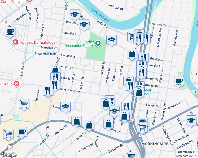map of restaurants, bars, coffee shops, grocery stores, and more near 805 North 33rd Street in Monroe