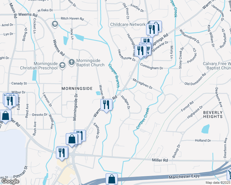 map of restaurants, bars, coffee shops, grocery stores, and more near 6015 Warm Springs Court in Columbus
