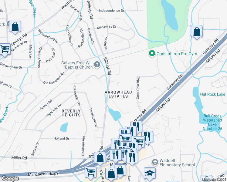 map of restaurants, bars, coffee shops, grocery stores, and more near 5843 Bertcliff Drive in Columbus