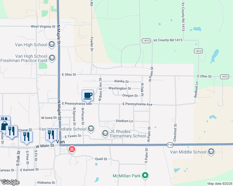 map of restaurants, bars, coffee shops, grocery stores, and more near 199 Oregon Street in Van