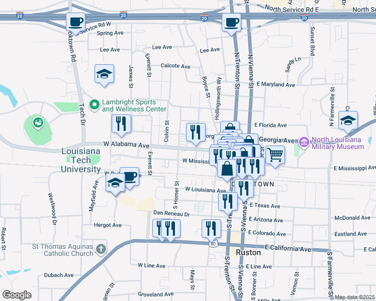 map of restaurants, bars, coffee shops, grocery stores, and more near 409 West Alabama Avenue in Ruston