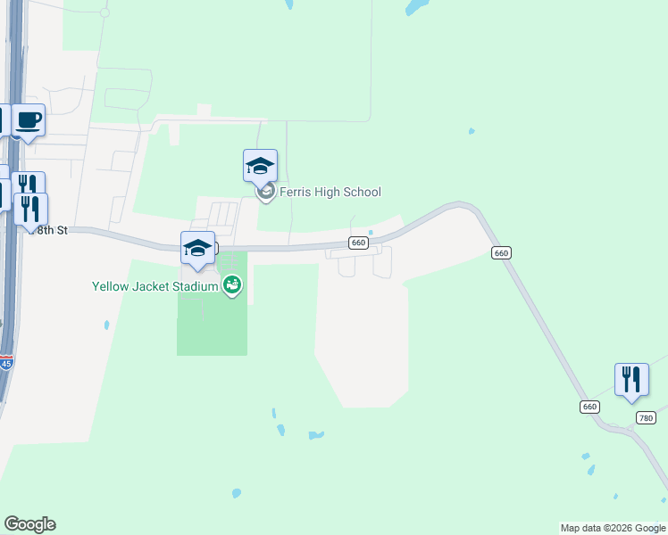 map of restaurants, bars, coffee shops, grocery stores, and more near 1509 FM 664 in Ferris