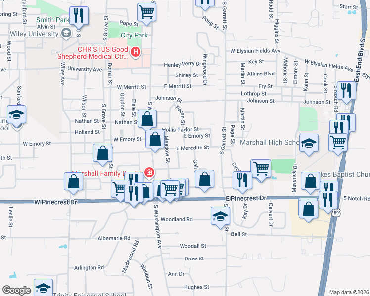 map of restaurants, bars, coffee shops, grocery stores, and more near 306 East Meredith Street in Marshall