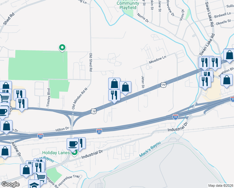 map of restaurants, bars, coffee shops, grocery stores, and more near 3825 East Texas Street in Bossier City