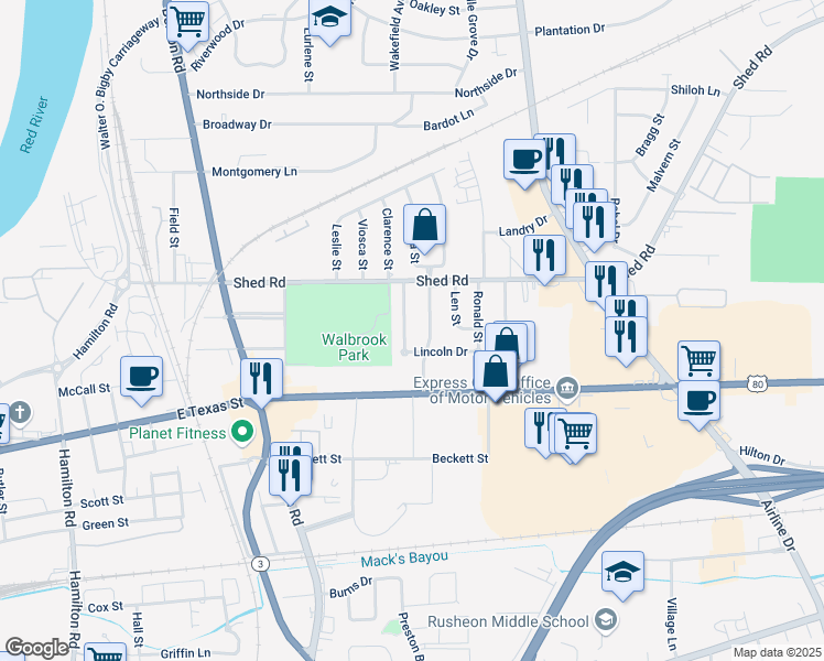 map of restaurants, bars, coffee shops, grocery stores, and more near 1008 Clarence Street in Bossier City
