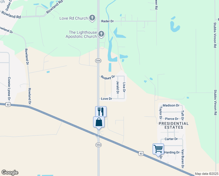 map of restaurants, bars, coffee shops, grocery stores, and more near 203 Linda Drive in Monroe