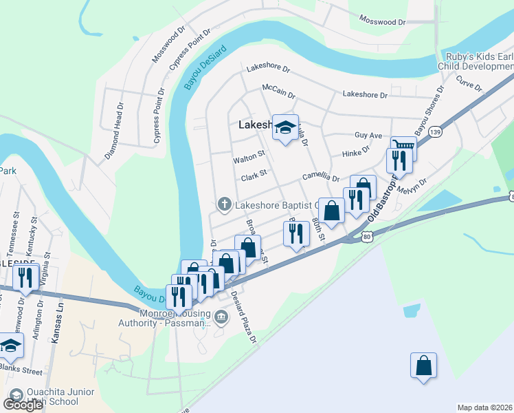 map of restaurants, bars, coffee shops, grocery stores, and more near 203 Rosewood Dr in Monroe