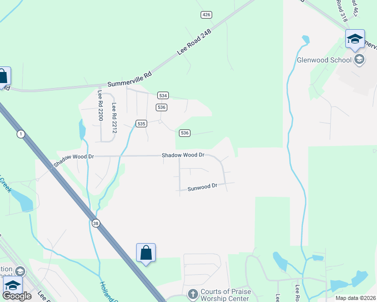 map of restaurants, bars, coffee shops, grocery stores, and more near 583 Shadow Wood Drive in Smiths Station