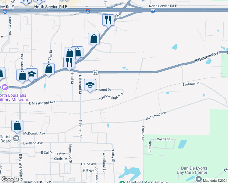 map of restaurants, bars, coffee shops, grocery stores, and more near 1422 Kenwood Drive in Ruston