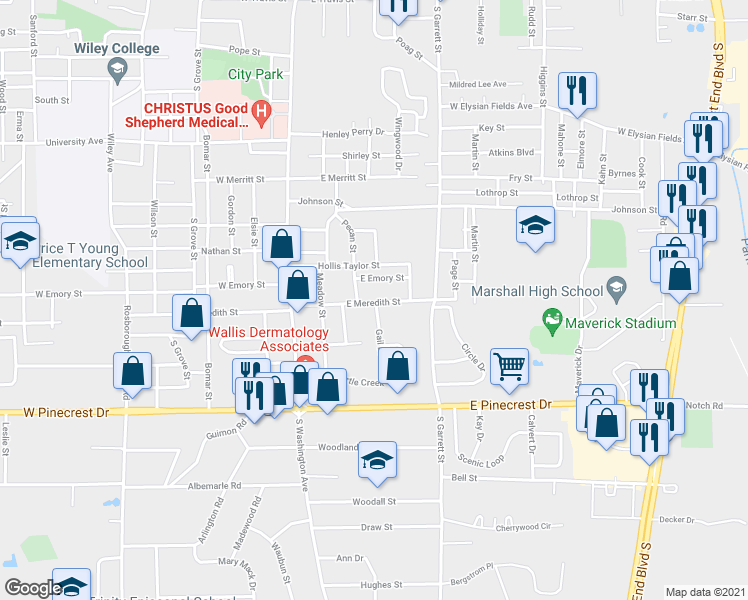 map of restaurants, bars, coffee shops, grocery stores, and more near 405 East Meredith Street in Marshall