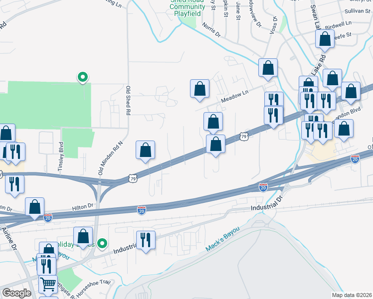 map of restaurants, bars, coffee shops, grocery stores, and more near 3837 East Texas Street in Bossier City