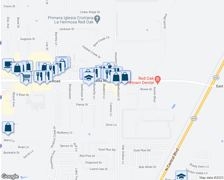 map of restaurants, bars, coffee shops, grocery stores, and more near 300 Hawk Avenue in Red Oak