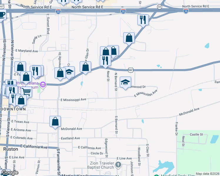 map of restaurants, bars, coffee shops, grocery stores, and more near 200-322 Neal Street in Ruston