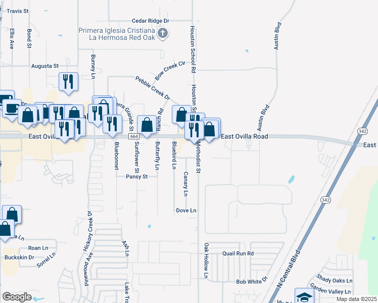 map of restaurants, bars, coffee shops, grocery stores, and more near 600 Methodist Street in Red Oak