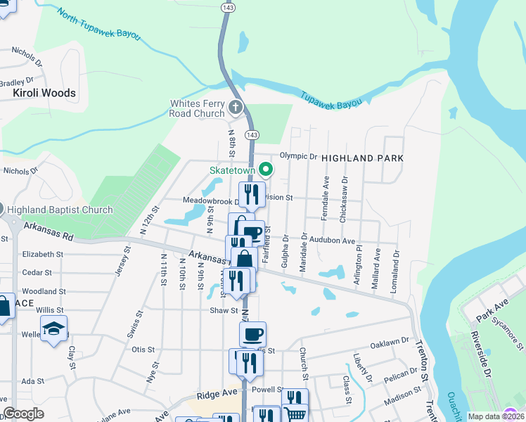 map of restaurants, bars, coffee shops, grocery stores, and more near 211 Fairfield St in West Monroe