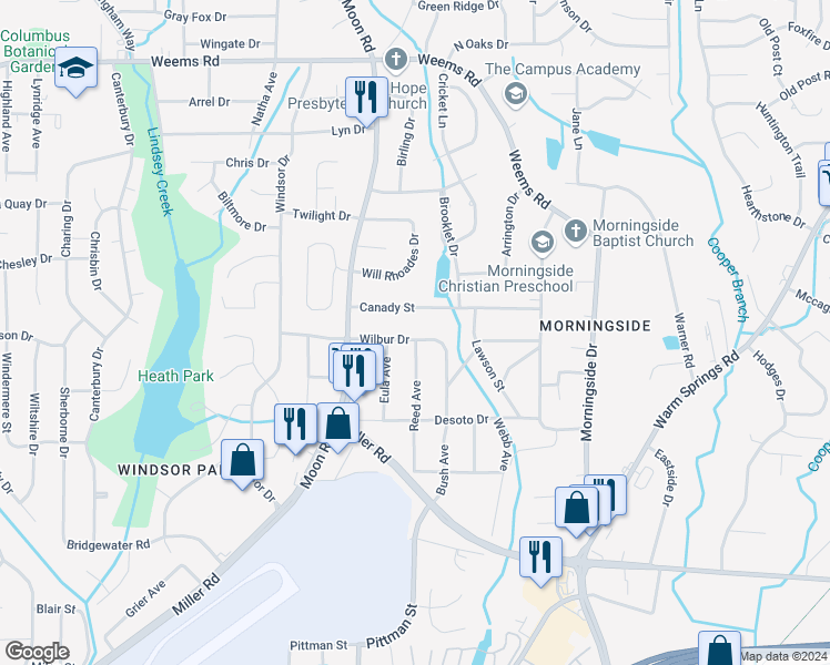 map of restaurants, bars, coffee shops, grocery stores, and more near 4171 Wilbur Drive in Columbus