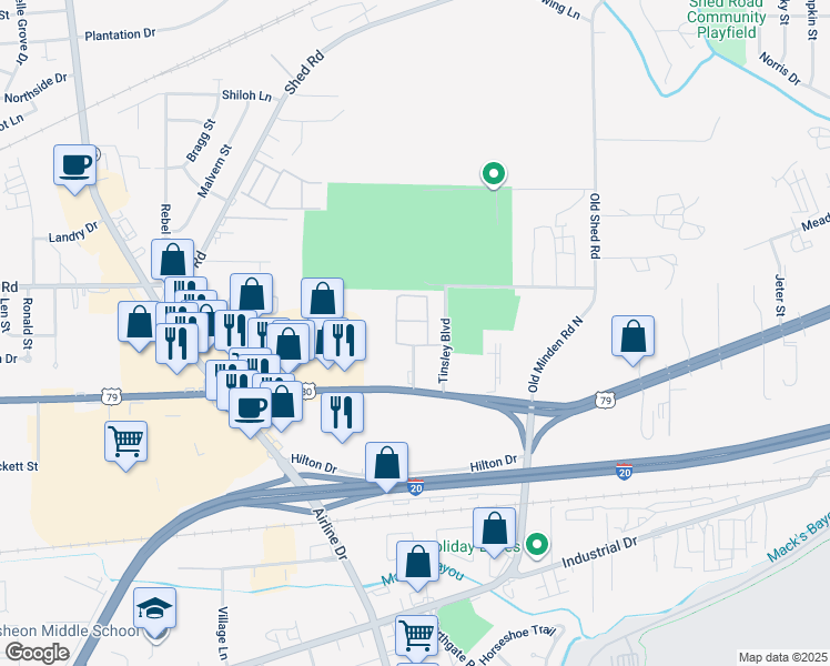 map of restaurants, bars, coffee shops, grocery stores, and more near 3325 East Texas Street in Bossier City
