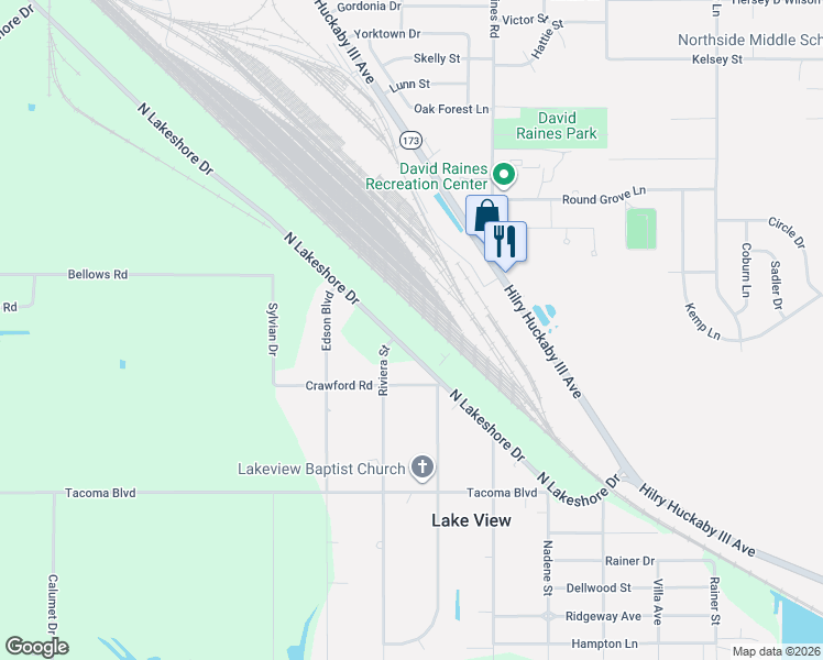 map of restaurants, bars, coffee shops, grocery stores, and more near 2500 North Lakeshore Drive in Shreveport