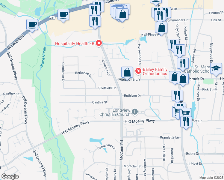 map of restaurants, bars, coffee shops, grocery stores, and more near 404 Sheffield Drive in Longview