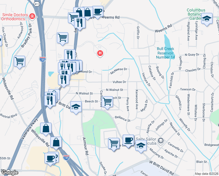 map of restaurants, bars, coffee shops, grocery stores, and more near 2832 North Walnut Street in Columbus