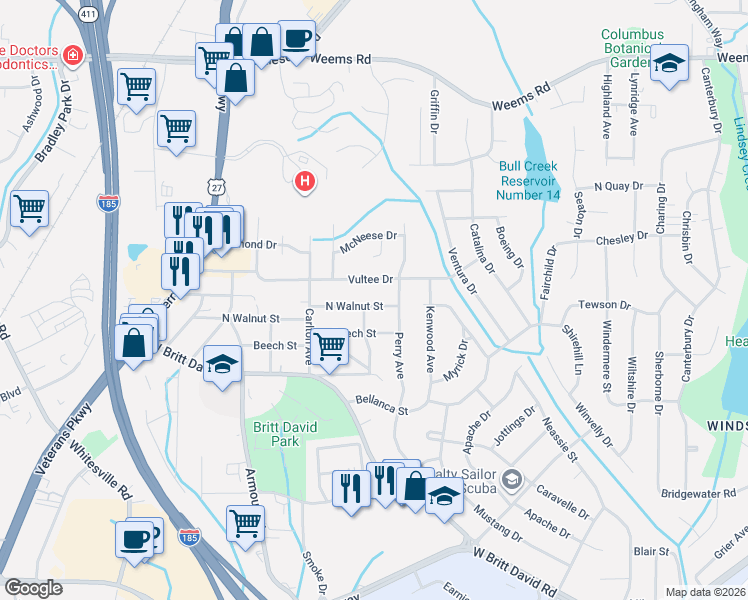 map of restaurants, bars, coffee shops, grocery stores, and more near 2905 North Walnut Street in Columbus