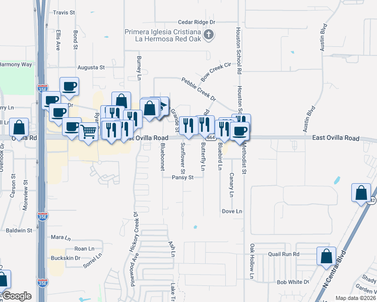 map of restaurants, bars, coffee shops, grocery stores, and more near 512 Sunflower Street in Red Oak
