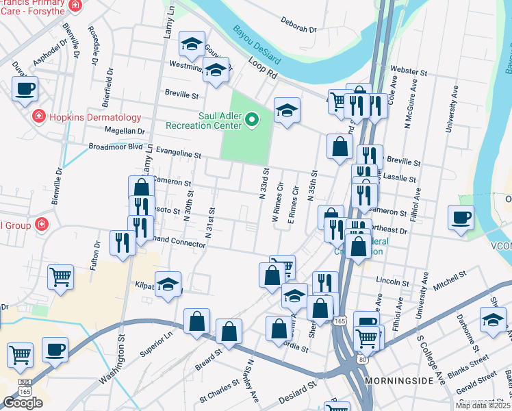 map of restaurants, bars, coffee shops, grocery stores, and more near 805 North 33rd Street in Monroe