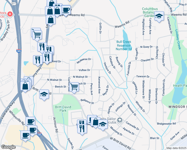 map of restaurants, bars, coffee shops, grocery stores, and more near 5772 Perry Avenue in Columbus