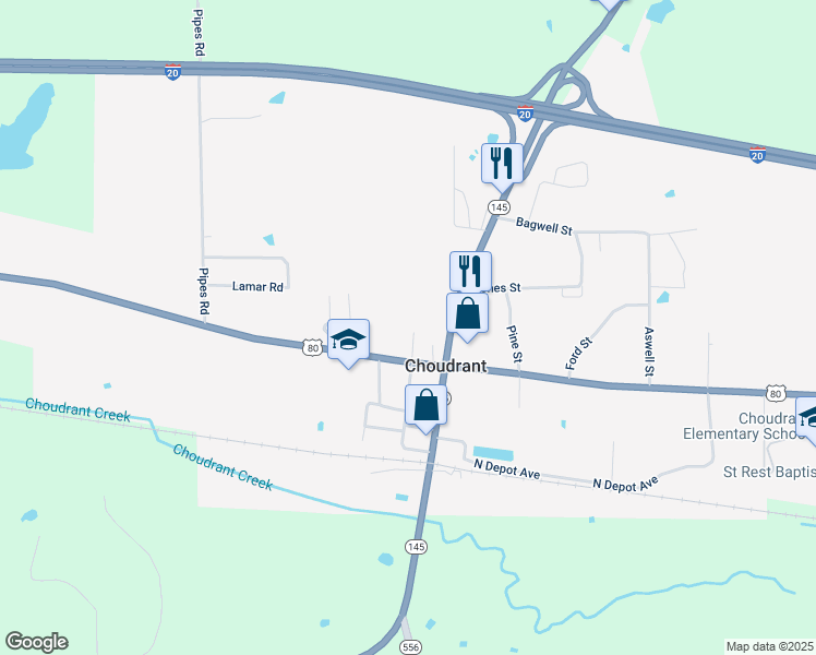 map of restaurants, bars, coffee shops, grocery stores, and more near 189-299 Oak Street in Choudrant