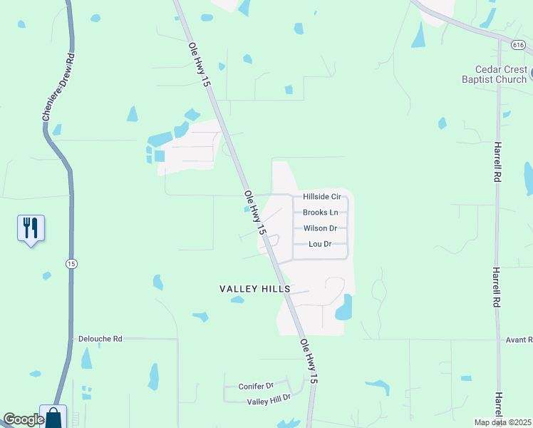 map of restaurants, bars, coffee shops, grocery stores, and more near 102 Hilltop Drive in West Monroe