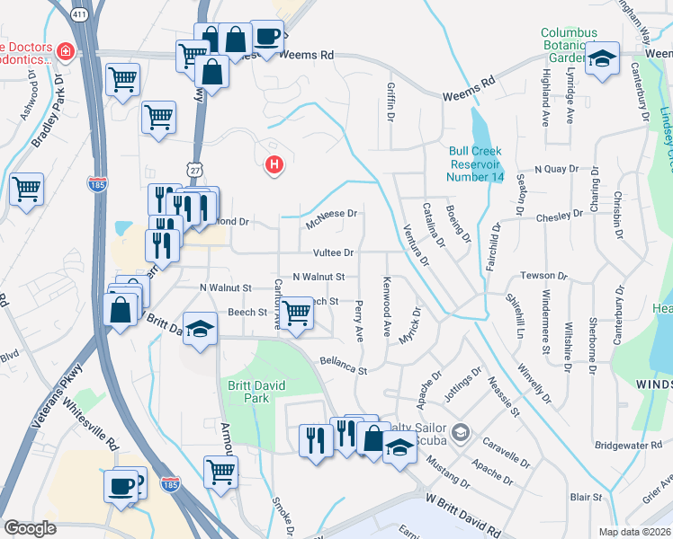 map of restaurants, bars, coffee shops, grocery stores, and more near 2905 North Walnut Street in Columbus