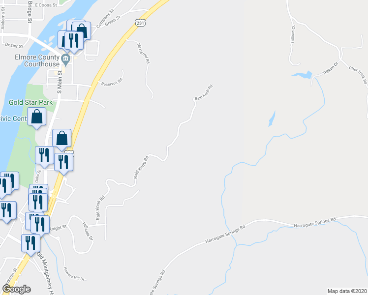 map of restaurants, bars, coffee shops, grocery stores, and more near 100 Camellia Drive in Wetumpka