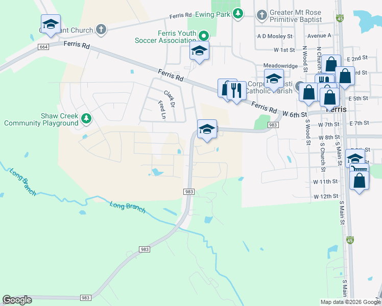 map of restaurants, bars, coffee shops, grocery stores, and more near 527 Farm to Market 983 in Ferris