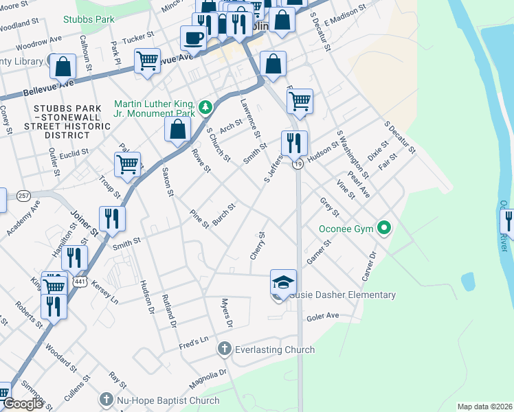 map of restaurants, bars, coffee shops, grocery stores, and more near 802 South Jefferson Street in Dublin