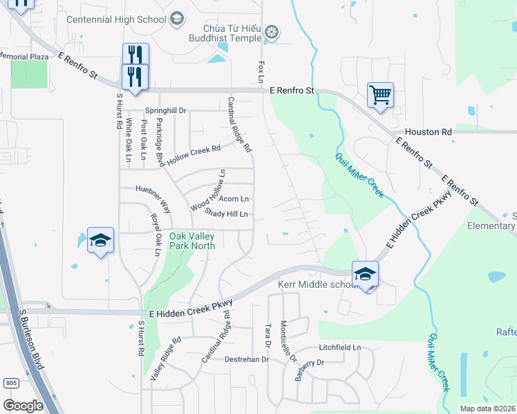 map of restaurants, bars, coffee shops, grocery stores, and more near 1120 Shady Hill Lane in Burleson