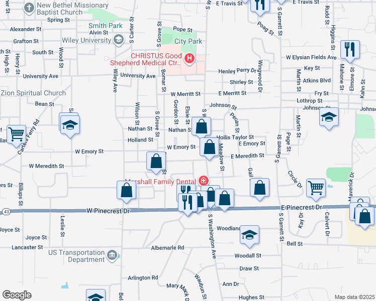 map of restaurants, bars, coffee shops, grocery stores, and more near 209 West Meredith Street in Marshall