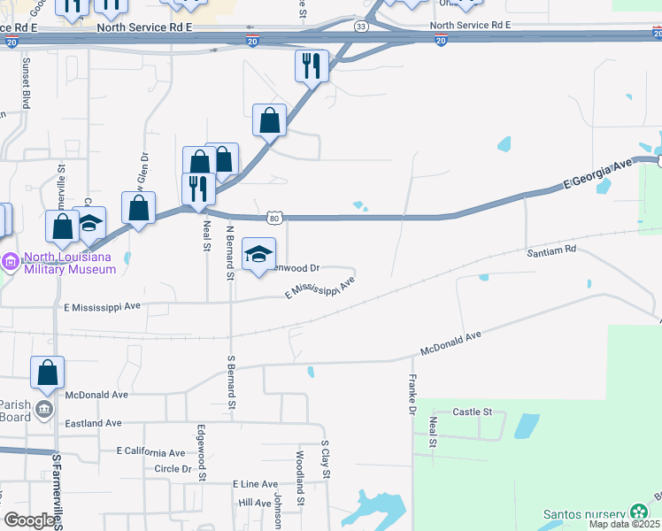 map of restaurants, bars, coffee shops, grocery stores, and more near 1426 Kenwood Drive in Ruston