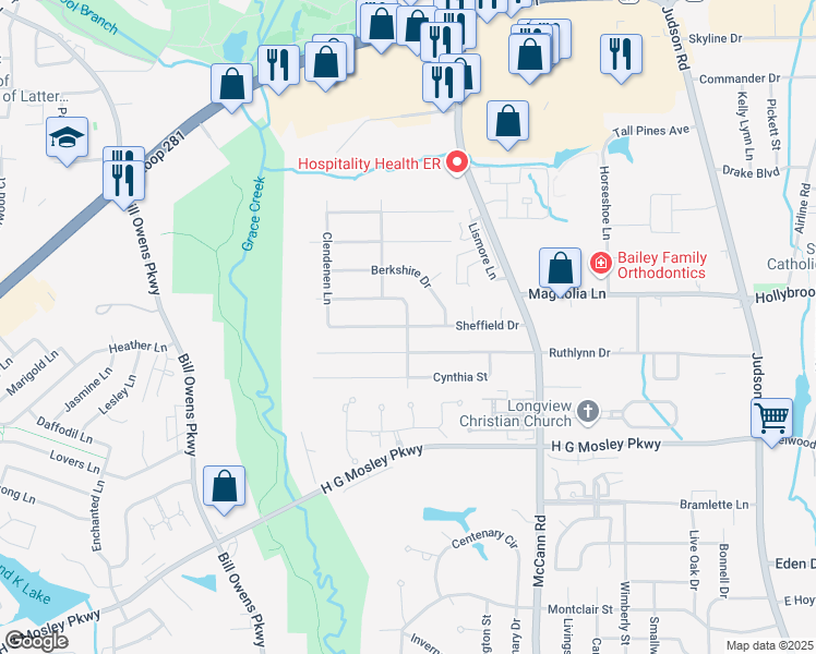 map of restaurants, bars, coffee shops, grocery stores, and more near 499 Greenridge Street in Longview