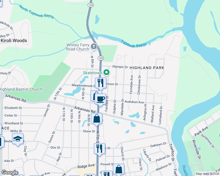 map of restaurants, bars, coffee shops, grocery stores, and more near 211 Fairfield St in West Monroe