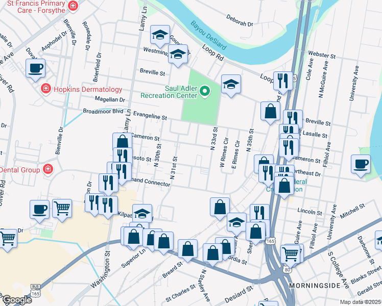 map of restaurants, bars, coffee shops, grocery stores, and more near 3107 Desoto Street in Monroe