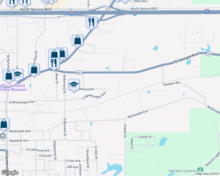 map of restaurants, bars, coffee shops, grocery stores, and more near 1401-1417 E Mississippi Ave in Ruston