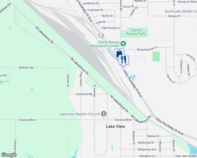 map of restaurants, bars, coffee shops, grocery stores, and more near 2500 North Lakeshore Drive in Shreveport