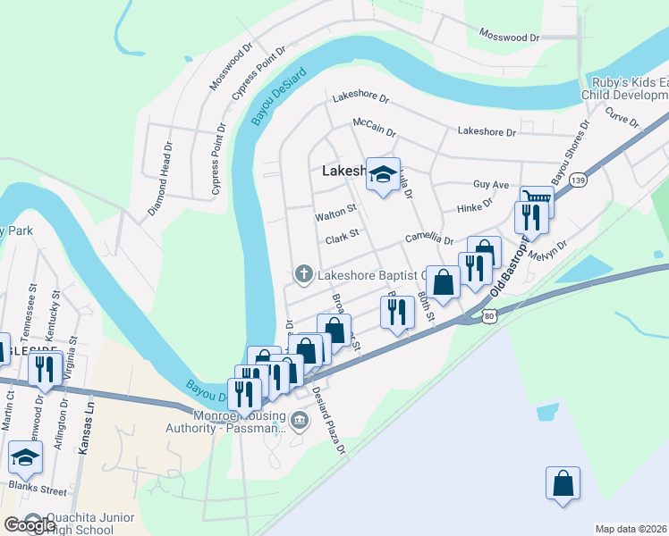 map of restaurants, bars, coffee shops, grocery stores, and more near 203 Rosewood Drive in Monroe