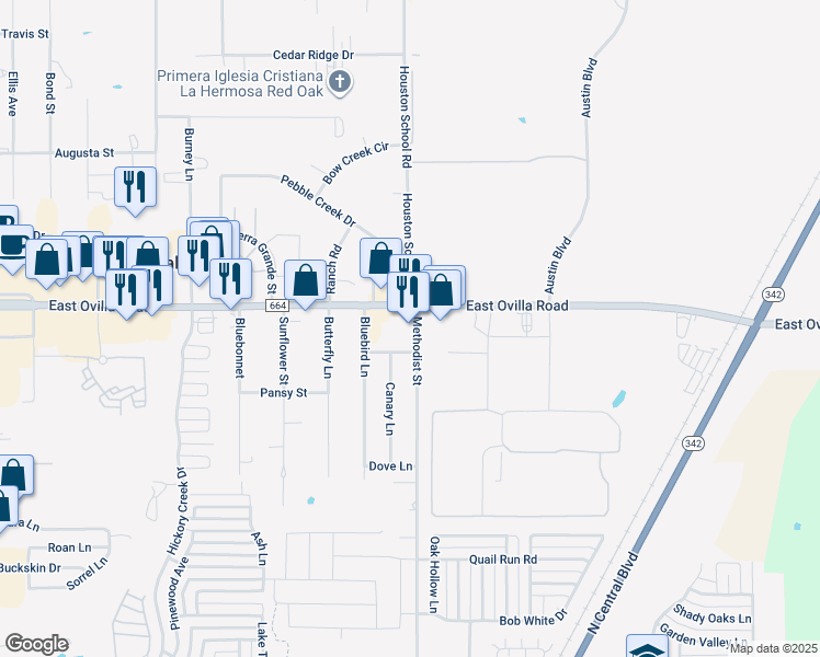 map of restaurants, bars, coffee shops, grocery stores, and more near 600 Methodist Street in Red Oak