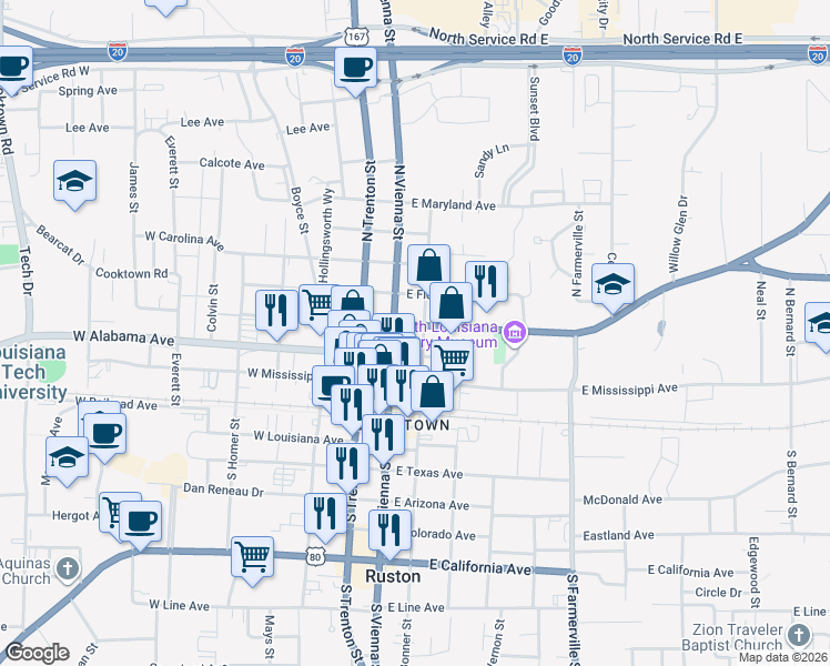 map of restaurants, bars, coffee shops, grocery stores, and more near 101-199 E Alabama Ave in Ruston