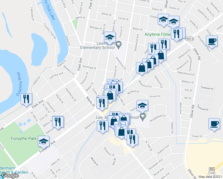 map of restaurants, bars, coffee shops, grocery stores, and more near 1710 Spencer Avenue in Monroe