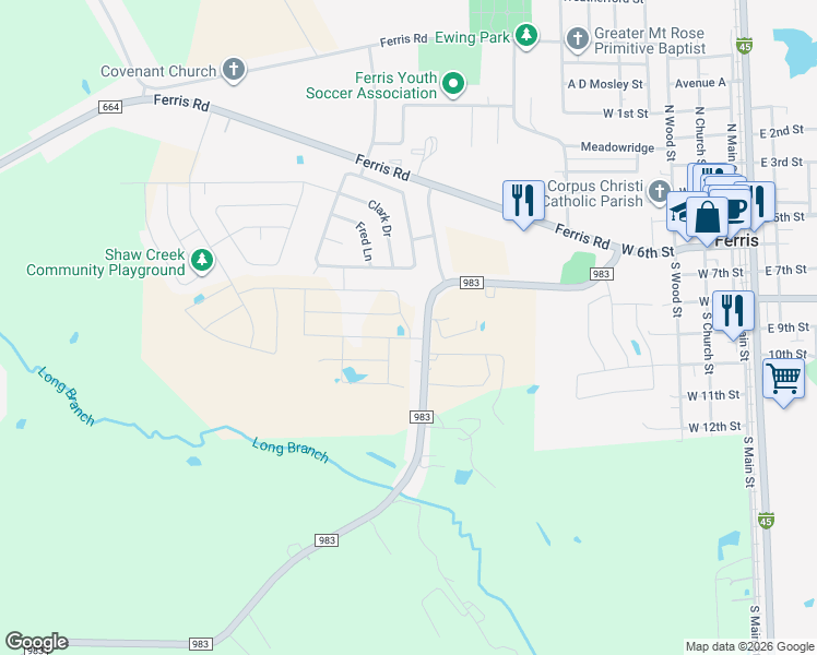 map of restaurants, bars, coffee shops, grocery stores, and more near 527 Farm to Market 983 in Ferris